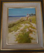 Framed oil on board of a man, 2 children