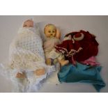 3 old dolls and various dolls clothing
