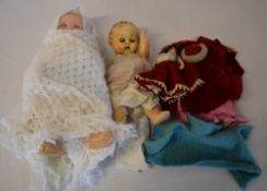 3 old dolls and various dolls clothing