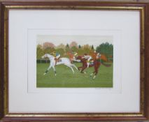 Lithograph of a horse racing scene signe