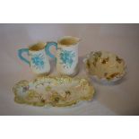 Limoges long dish, 2 blue & white jugs a