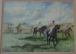 Large watercolour of a horse racing scen