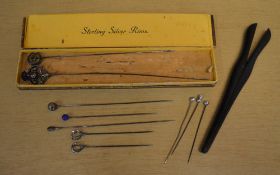 Various hat pins, one hallmarked as silv