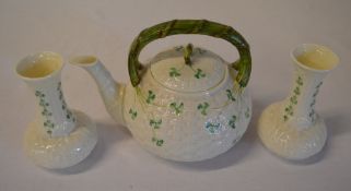 Belleek teapot & pair of spill vases wit