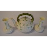 Belleek teapot & pair of spill vases wit