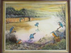 Oil on canvas of kingfishers with signat