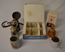 Various drinking items including boxed B