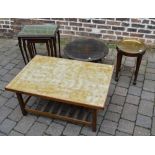 Nest of tables, brass top table, tile to
