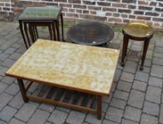 Nest of tables, brass top table, tile to