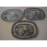 3 large Willow pattern meat plates