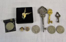 Various keys, 2 enamel badges, coins & b