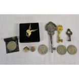 Various keys, 2 enamel badges, coins & b