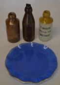 Glass plate and 3 old bottles including