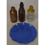 Glass plate and 3 old bottles including