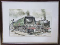 Framed watercolour of steam trains 41.5