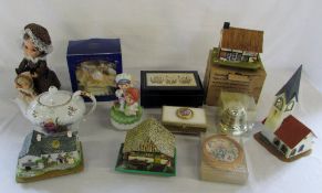 Assorted musical cottages, dolls, teapot