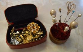 Costume jewellery and various hat pins