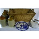 Large basket, stoneware flagons, meat di