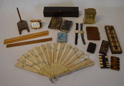 Modern carriage clock, fan, rulers, trav