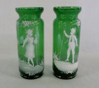 Pair of green Mary Gregory style glass v