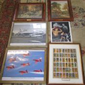 Assorted prints, framed cigarette cards
