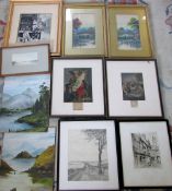 Selection of water colours and prints in