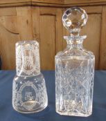 Etched glass decanter with matching glas