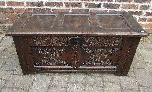 Late 17th Century carved oak coffer on s