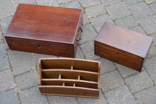 Victorian stationery box, letter rack an