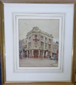 Framed pen and ink and colour wash drawi