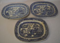 3 large Willow pattern meat plates