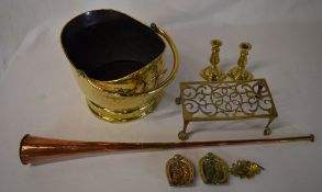 Brass coal bucket, copper horn, brass ca