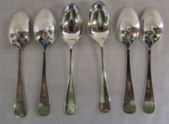 Set of 6 silver tea spoons with bird mot