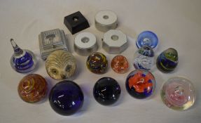 Various glass paperweights and LED light