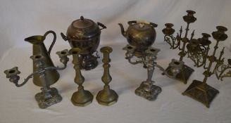 Various brassware / pewter including can