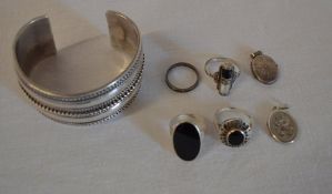 Silver bangle and rings/lockets marked 9