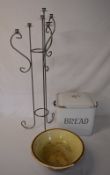 Enamel bread bin, mixing bowl and a cand