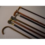 Various walking sticks including one wit