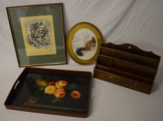 Floral tray, desk tidy, framed picture o