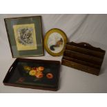 Floral tray, desk tidy, framed picture o