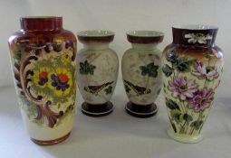 Pair and 2 single hand painted glass vas