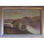 Oil on canvas of a loch scene surrounded