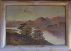 Oil on canvas of a loch scene surrounded