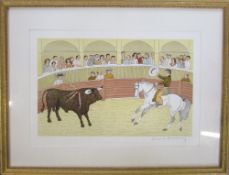 Framed lithograph of a bullfighting scen