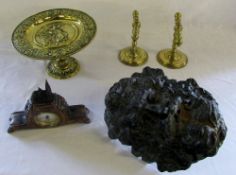 Brass tazza and fire irons, water founta