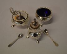 Silver pepper pot, salt and mustard pots