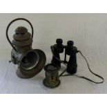 Brass car lamp, binoculars and lens/opti