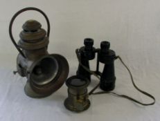 Brass car lamp, binoculars and lens/opti