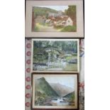 3 framed landscape watercolours (one mis