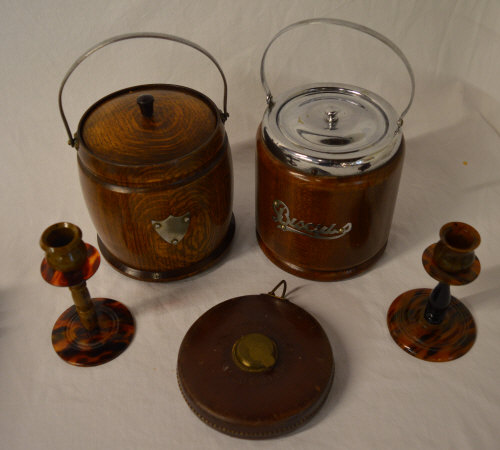 2 biscuit barrels, pair of candlesticks